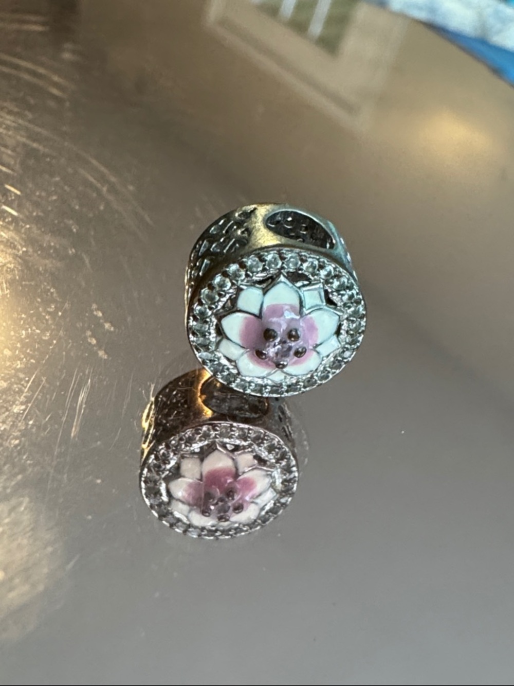 3/$6 🔥 White and Pink Magnolia Enamel Floral Charm Bead with Clear Crystal Halo